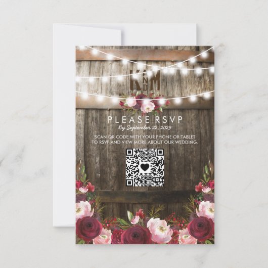 Rustieke bruiloft RSVP met burgundy bloemen QR-cod Kaartje (Voorkant)