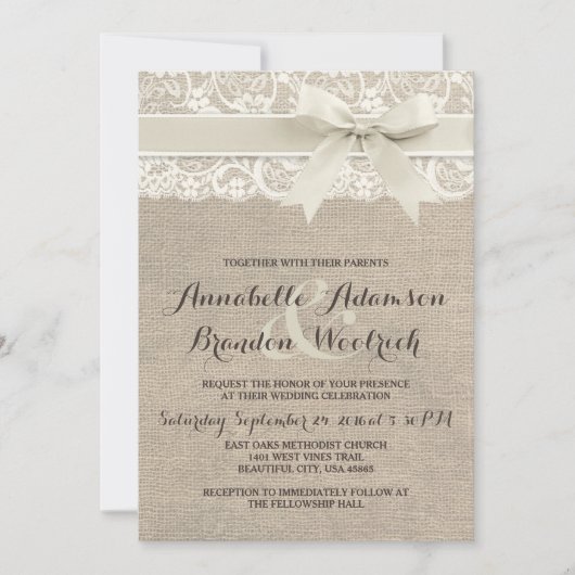 Rustieke bruiloft uitnodiging | Burlap Lace Bow Lo (Voorkant)
