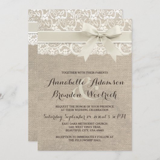 Rustieke bruiloft uitnodiging | Burlap Lace Bow Lo (Voorkant / Achterkant)