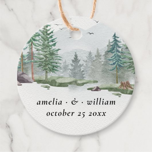 Rustieke bruiloft Waterverf Woodland Pine Forest Bedankjes Labels (Voorkant)