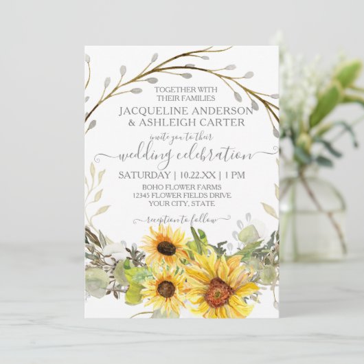 Rustieke bruiloft zonnebloem bloemkrans Waterverf Kaart (Staand voorkant)