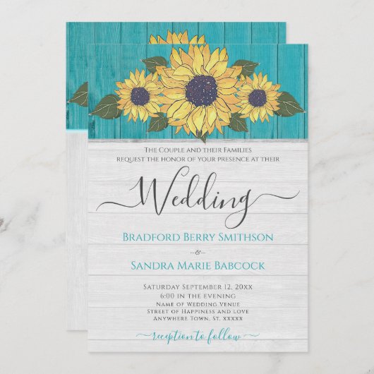 Rustieke bruiloft Zonnebloem Geel Blauwgroen Grijs Kaart (Voorkant / Achterkant)