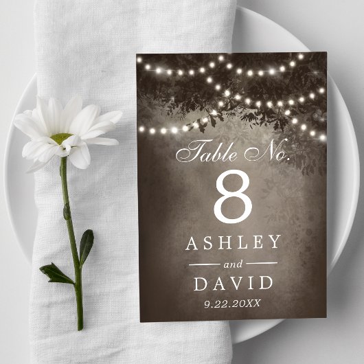 Rustieke bruine boom string van verlichting bruilo kaart