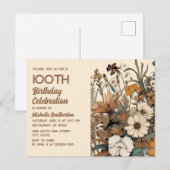 Rustieke  Bruine Crème Bloemen 100ste Verjaardag Uitnodiging Briefkaart (Voorkant / Achterkant)