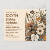 Rustieke  Bruine Crème Bloemen 100ste Verjaardag Uitnodiging Briefkaart (Voorkant)