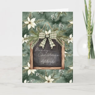 Rustieke bruine groene kerst krijtbord bloemenslin kaart