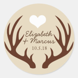 Rustieke Bruine Herten Antlers Couple's Namen Ronde Sticker