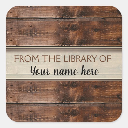 Rustieke bruine houten boekenplaat uit de biblioth vierkante sticker (Voorkant)