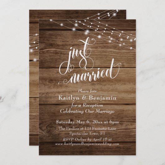 Rustieke bruine houten lichten Just Married Recept Kaart (Voorkant / Achterkant)