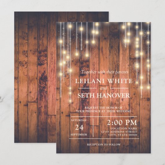 Rustieke Bruine Houten Strijklichten Bruiloft Kaart (Voorkant / Achterkant)
