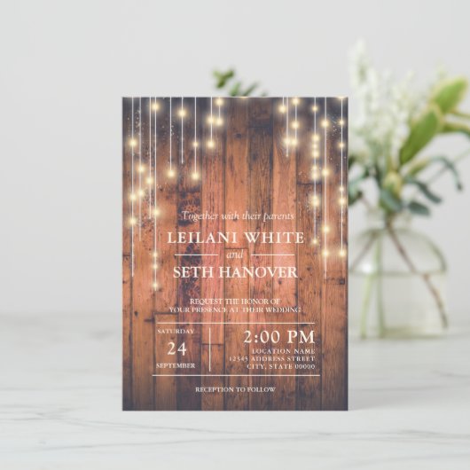 Rustieke Bruine Houten Strijklichten Bruiloft Kaart (Staand voorkant)