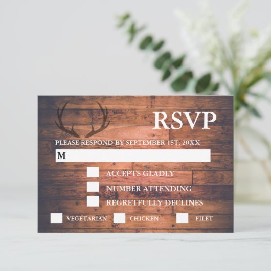 Rustieke Bruine Houten Strijklichten Maaltijdkeuze RSVP Kaartje (Staand voorkant)