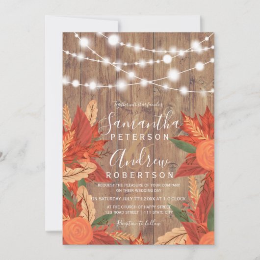 Rustieke bruine houten string lichten sinaasappel kaart (Voorkant)