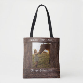 Rustieke bruine houten tekst bewerkbare nepfotolij tote bag