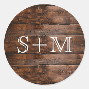 Rustieke Bruine Houten Textuur Monogram Initialen Ronde Sticker