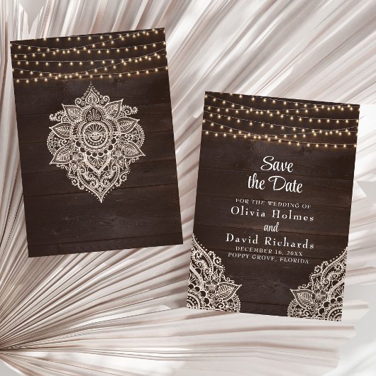 Rustieke bruine slingerlicht Save the Date kaart