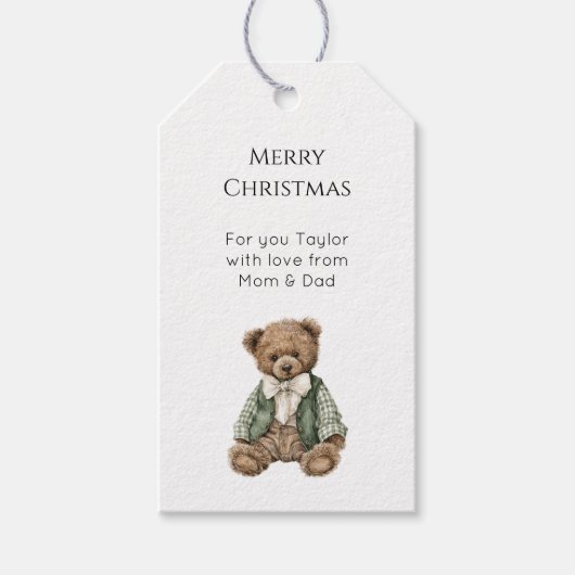 Rustieke bruine teddybeer groen geruit kerstfeest cadeaulabel (Voorkant)