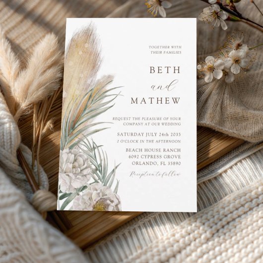 Rustieke bruine typografie Pampas bruiloft Kaart