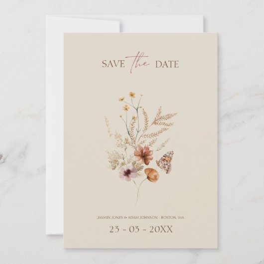 Rustieke Bruine Wildbloemen en Vlinders Bruiloft Save The Date (Voorkant)