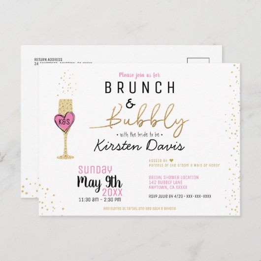 Rustieke brunch en bubbelige bruids douche uitnodi briefkaart (Voorkant / Achterkant)