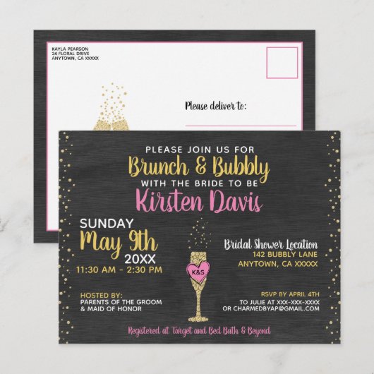 Rustieke brunch en bubbelige bruids douche uitnodi briefkaart (Voorkant / Achterkant)