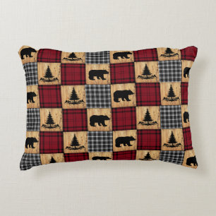 Rustieke Buffalo Check Beren Bomen Hout Rood Zwart Accent Kussen