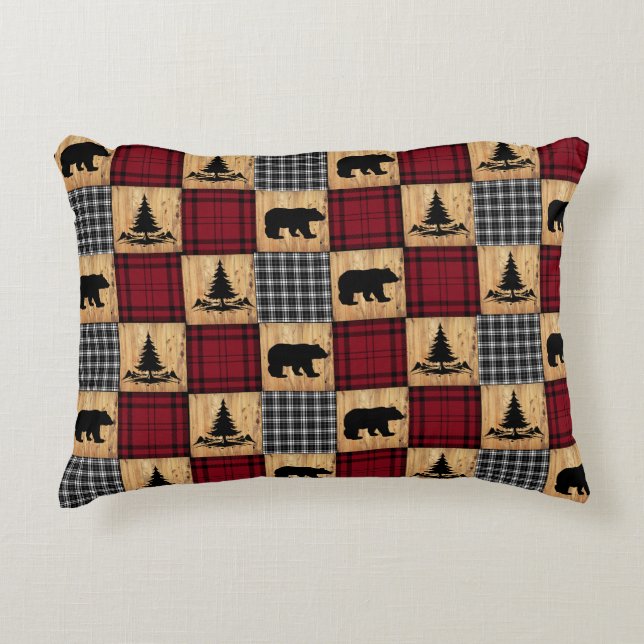 Rustieke Buffalo Check Beren Bomen Hout Rood Zwart Accent Kussen (Voorkant)