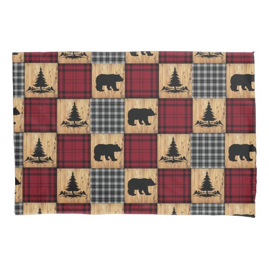 Rustieke Buffalo Check Beren Bomen Hout Rood Zwart Kussensloop (Voorkant)