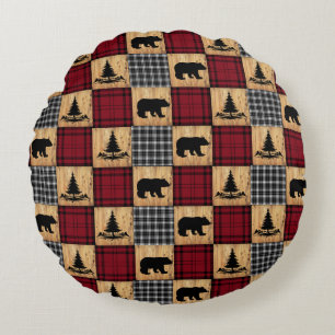 Rustieke Buffalo Check Beren Bomen Hout Rood Zwart Rond Kussen