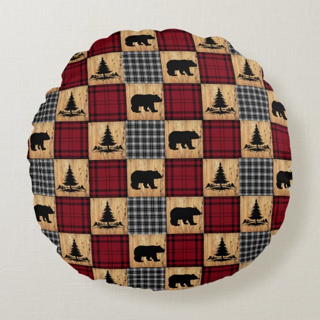 Rustieke Buffalo Check Beren Bomen Hout Rood Zwart Rond Kussen (Voorkant)