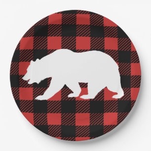 Rustieke Buffalo Check Plaid & Wit Beer Silhouet Papieren Bordje