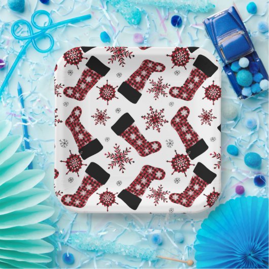 Rustieke Buffalo geruite sok Sneeuwvlokken Kerstmi Papieren Bordje (Feest)