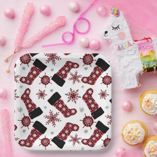 Rustieke Buffalo geruite sok Sneeuwvlokken Kerstmi Papieren Bordje (Feest)