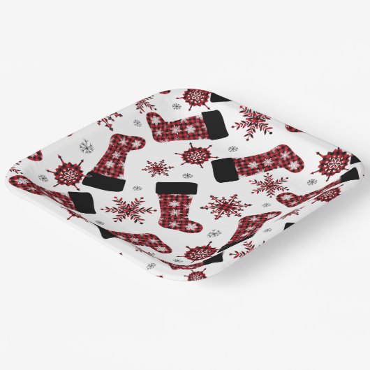 Rustieke Buffalo geruite sok Sneeuwvlokken Kerstmi Papieren Bordje (Gebogen)