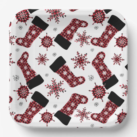 Rustieke Buffalo geruite sok Sneeuwvlokken Kerstmi Papieren Bordje (Voorkant)