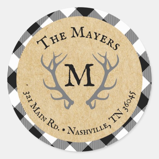 Rustieke Buffalo Plaid Antler Monogram Adres Ronde Sticker (Voorkant)