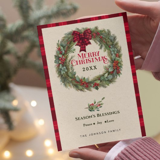 Rustieke Buffalo Plaid Boerderij Kerstkrans Feestdagenkaart