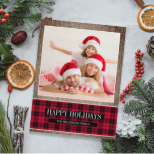Rustieke Buffalo Plaid Bruine Jute Vakantie Foto Briefkaart