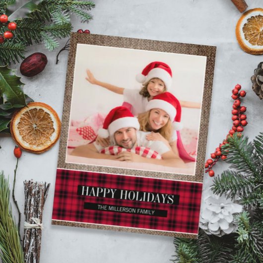 Rustieke Buffalo Plaid Bruine Jute Vakantie Foto Briefkaart
