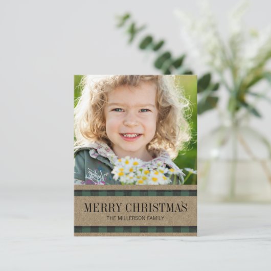 Rustieke Buffalo Plaid Groen Vrolijk Kerstfeest Fo Briefkaart (Staand voorkant)