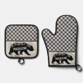 Rustieke Buffalo Plaid Houten Cabine Zwart Beer Cu Ovenwant & Pannenlap Set (Voorkant)