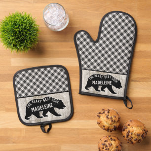 Rustieke Buffalo Plaid Houten Cabine Zwart Beer Cu Ovenwant & Pannenlap Set