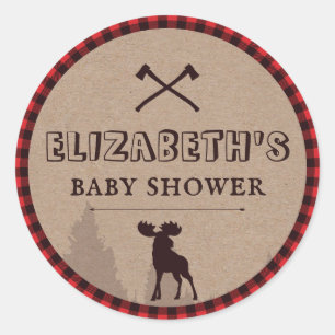 Rustieke Buffalo Plaid Houthakkers Thema Baby Show Ronde Sticker