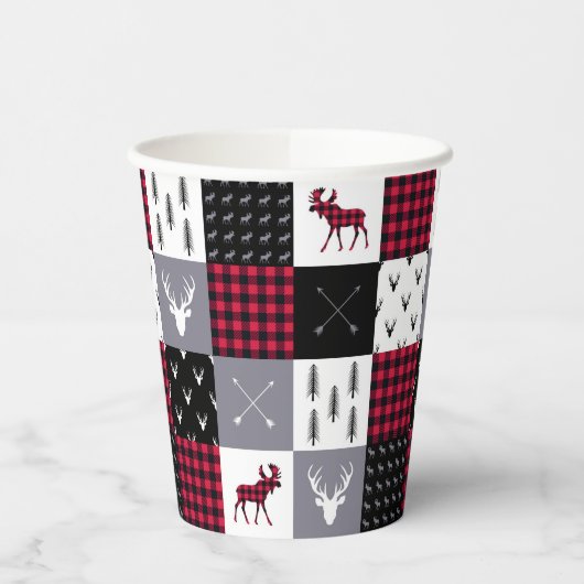 Rustieke Buffalo Plaid Patchwork Rood Wit Kerstmis Papieren Bekers (Links)