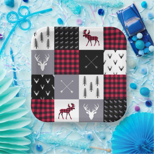 Rustieke Buffalo Plaid Patchwork Rood Wit Kerstmis Papieren Bordje (Feest)