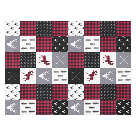 Rustieke Buffalo Plaid Patchwork Rood Wit Kerstmis Tafelkleed (Voorkant (Horizontaal))