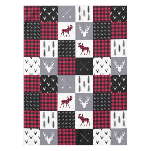Rustieke Buffalo Plaid Patchwork Rood Wit Kerstmis Tafelkleed (Voorkant)