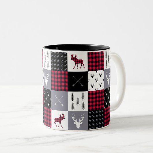 Rustieke Buffalo Plaid Patchwork Rood Wit Kerstmis Tweekleurige Koffiemok (Voorkant rechts)