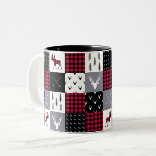 Rustieke Buffalo Plaid Patchwork Rood Wit Kerstmis Tweekleurige Koffiemok (Voorkant links)