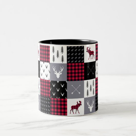 Rustieke Buffalo Plaid Patchwork Rood Wit Kerstmis Tweekleurige Koffiemok (Center)